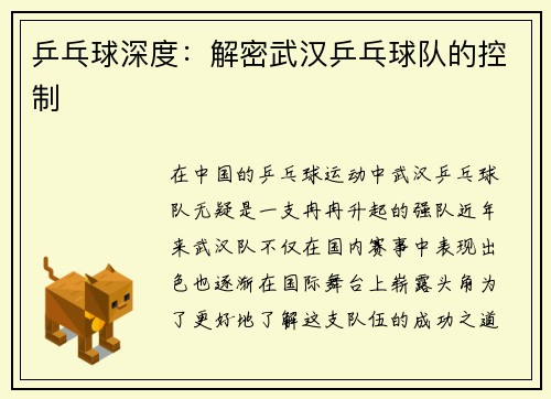 乒乓球深度：解密武汉乒乓球队的控制