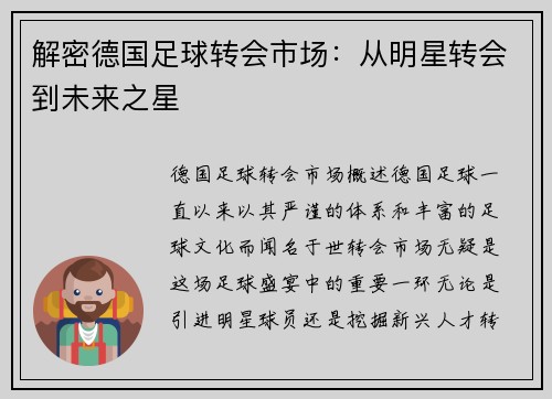 解密德国足球转会市场：从明星转会到未来之星
